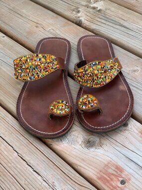 Flat Leather Maasai Beaded Sandals 41 Multicoloured Handmade Boho Beach Tribal